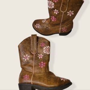 Paris Blues Brown & Pink Embroidered Flowers Western Cowboy Boots Girl's Size 9